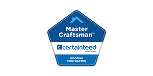Blue, pentagon-shaped CertainTeed Master Craftsman roofing contractor logo.