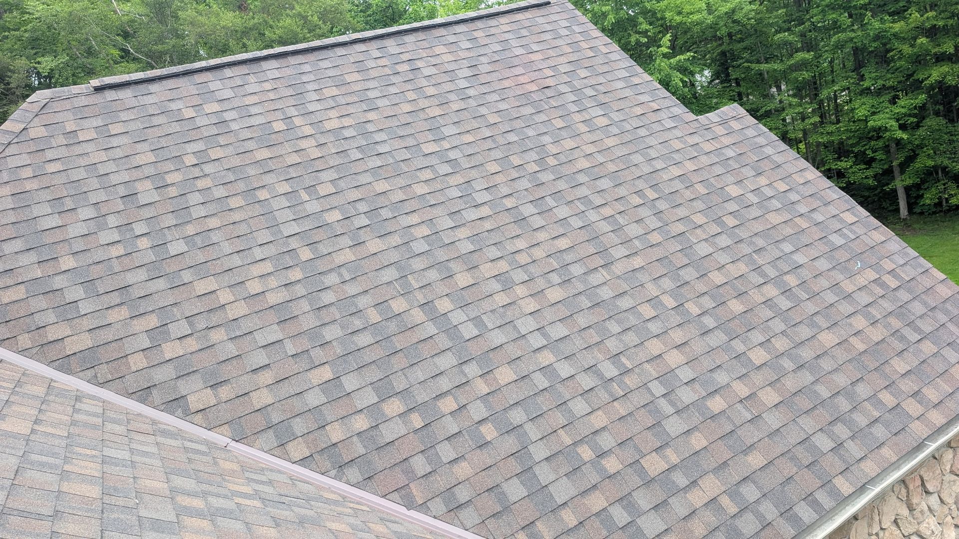 Brown shingle roof on a house, with green foliage in the background.