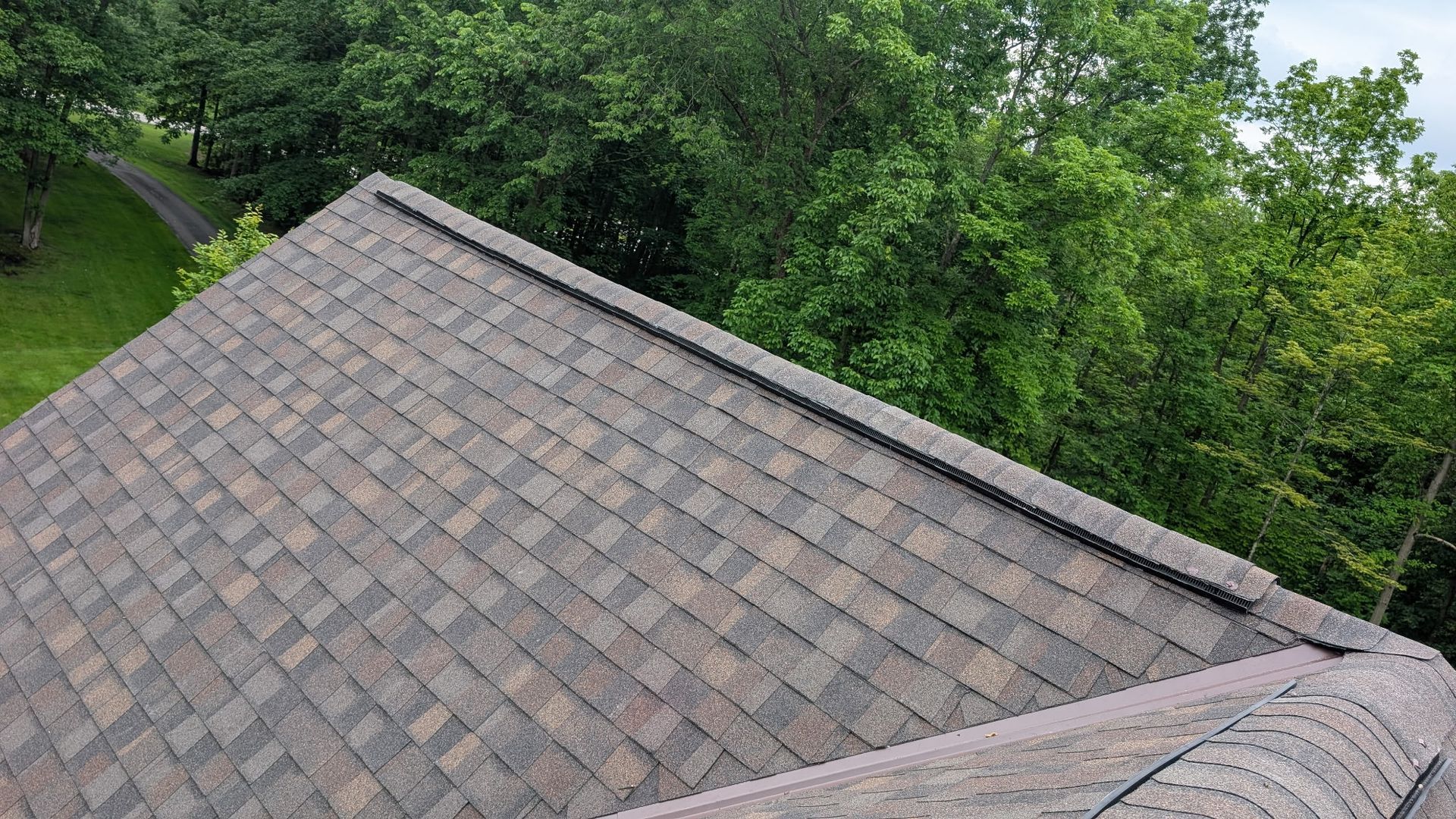 Asphalt shingle roof with brown and gray tones, next to a line of dark flashing, green trees in background.