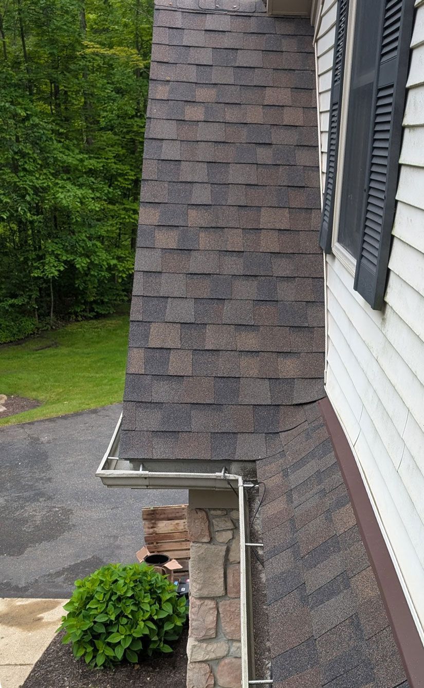 Roofline with brown asphalt shingles, gutter, and white house with shutters, surrounded by greenery.