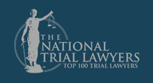 Logo for The National Trial Lawyers, with Lady Justice icon and “Top 100 Trial Lawyers” text on a blue background