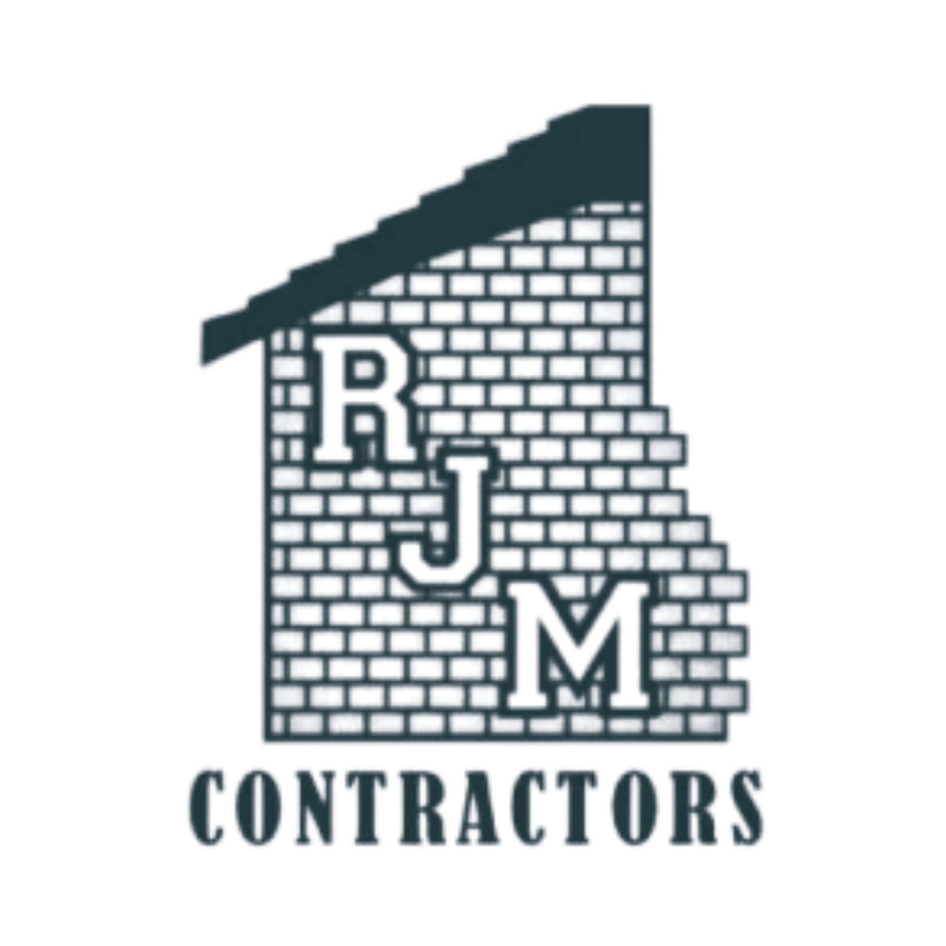 RJM Contractors logo with brick wall and roof design in dark teal and black text