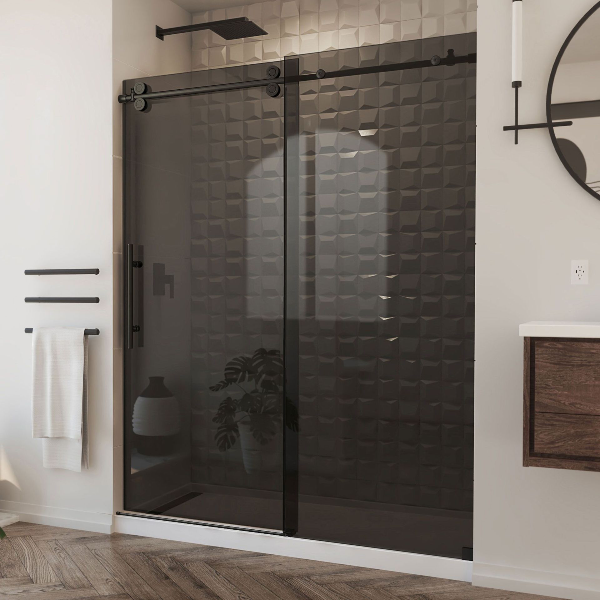 Modern bathroom shower with dark glass sliding door, white walls, towel rack, and floating vanity