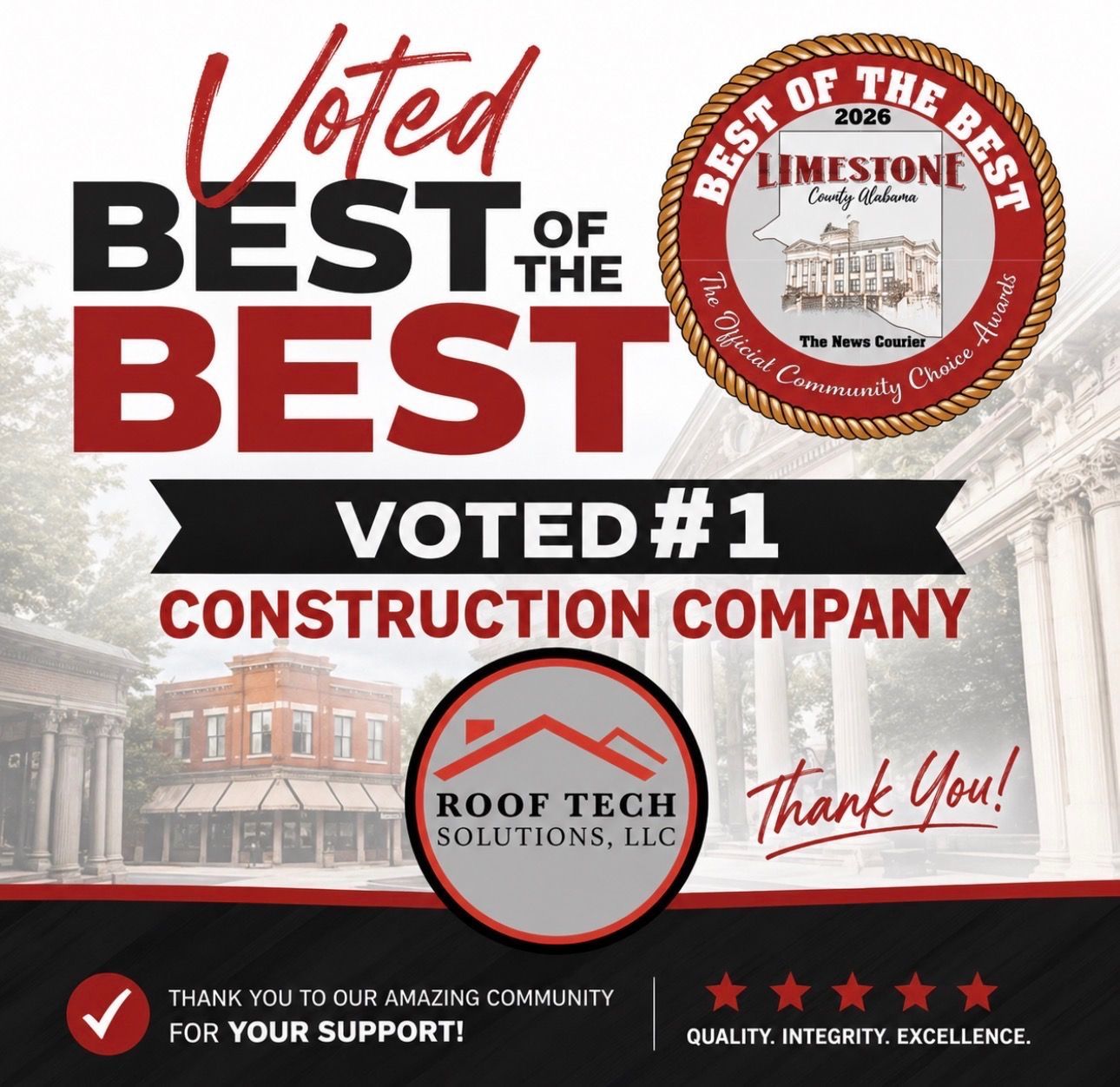 Promotional graphic: Voted Best of the Best, #1 construction company, with Roof Tech Solutions logo and award badge
