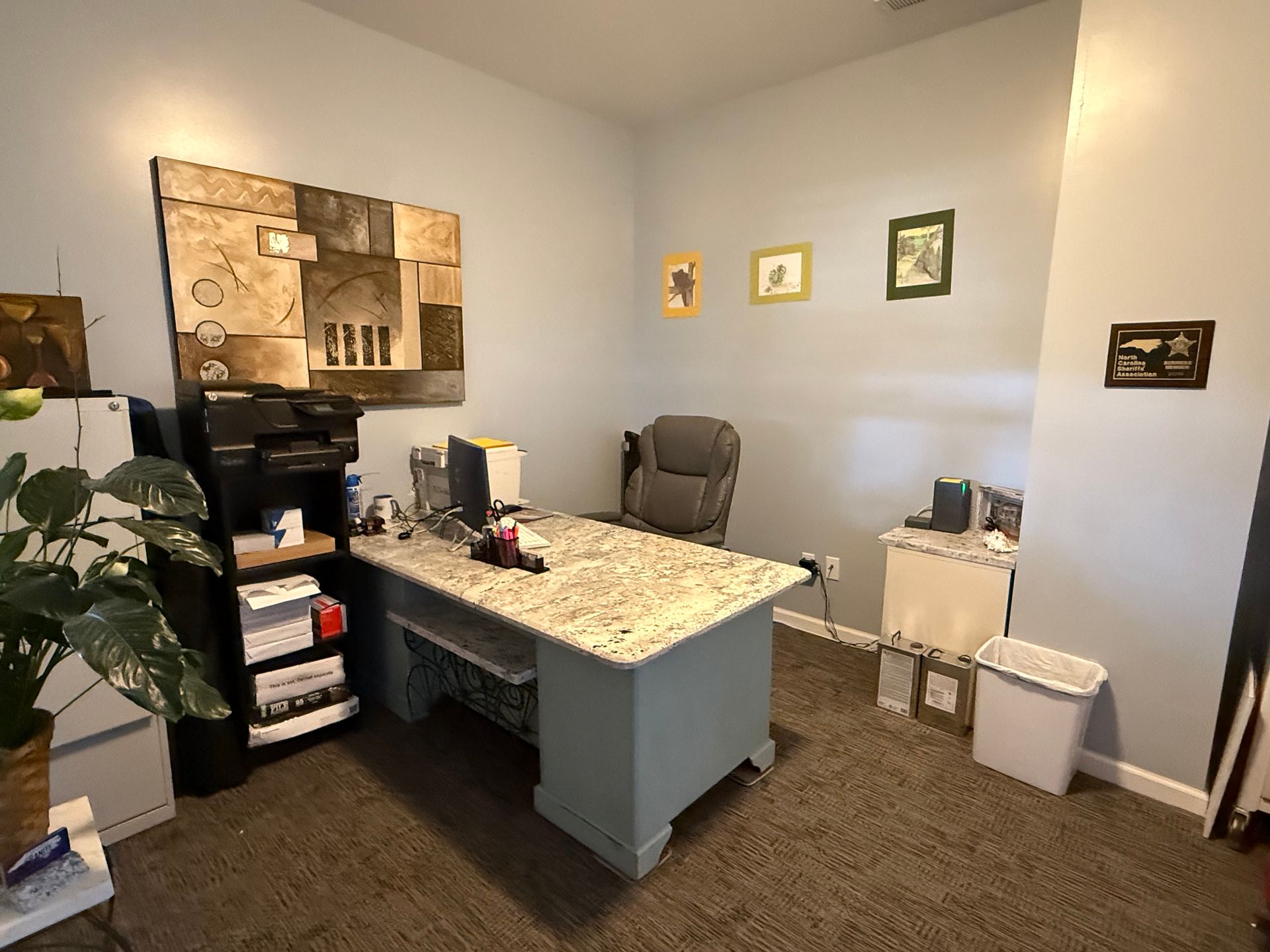 Small office with a desk, chair, printer, wall art, and plants in a neutral room