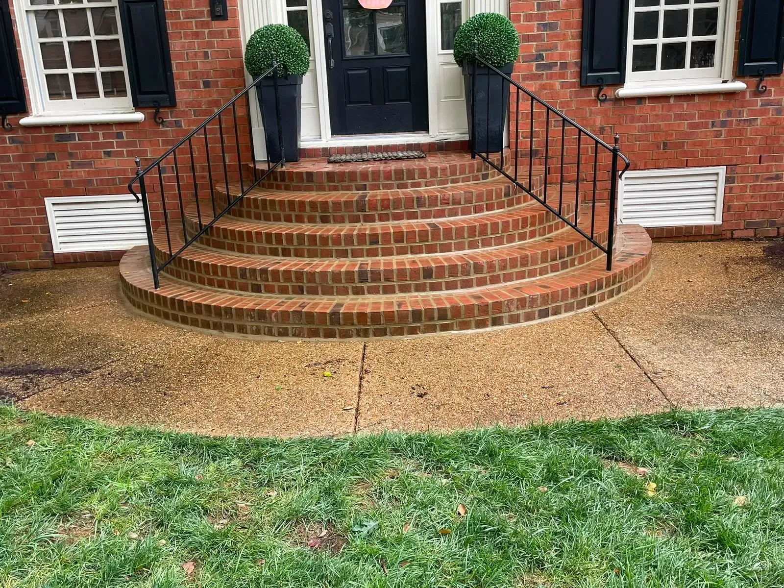 Brick front steps with black railings leading to a dark door, bordered by potted plants and lawn.