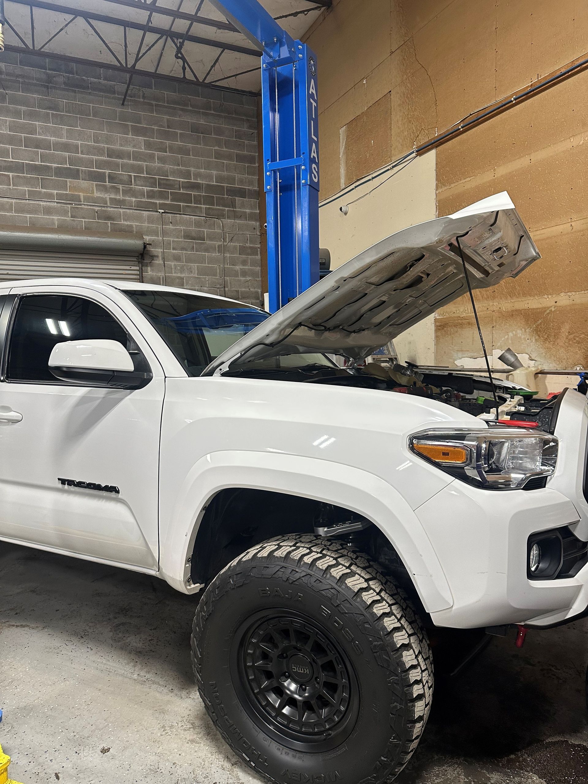 White Toyota Tacoma truck with hood up, in a repair shop with a lift.