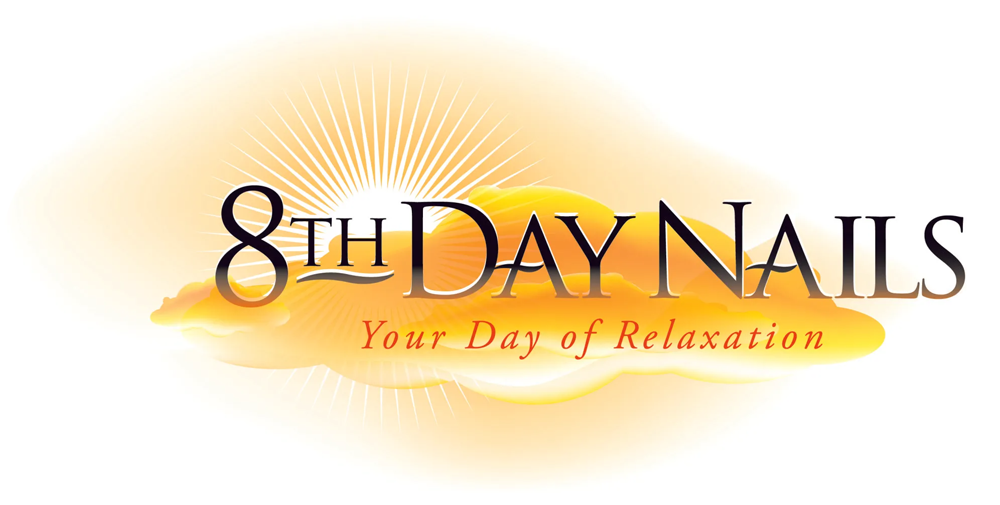Logo for "8th Day Nails," with text over a cloud and sunburst background.
