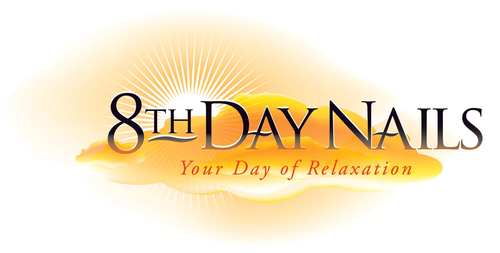 Logo for "8th Day Nails," with text over a cloud and sunburst background.