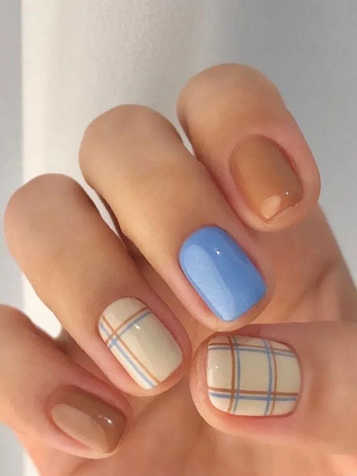 Manicured hand with short nails. Tan, light blue, and plaid designs in brown and tan.