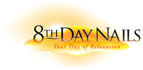 Logo for "8th Day Nails," with text over a cloud and sunburst background.