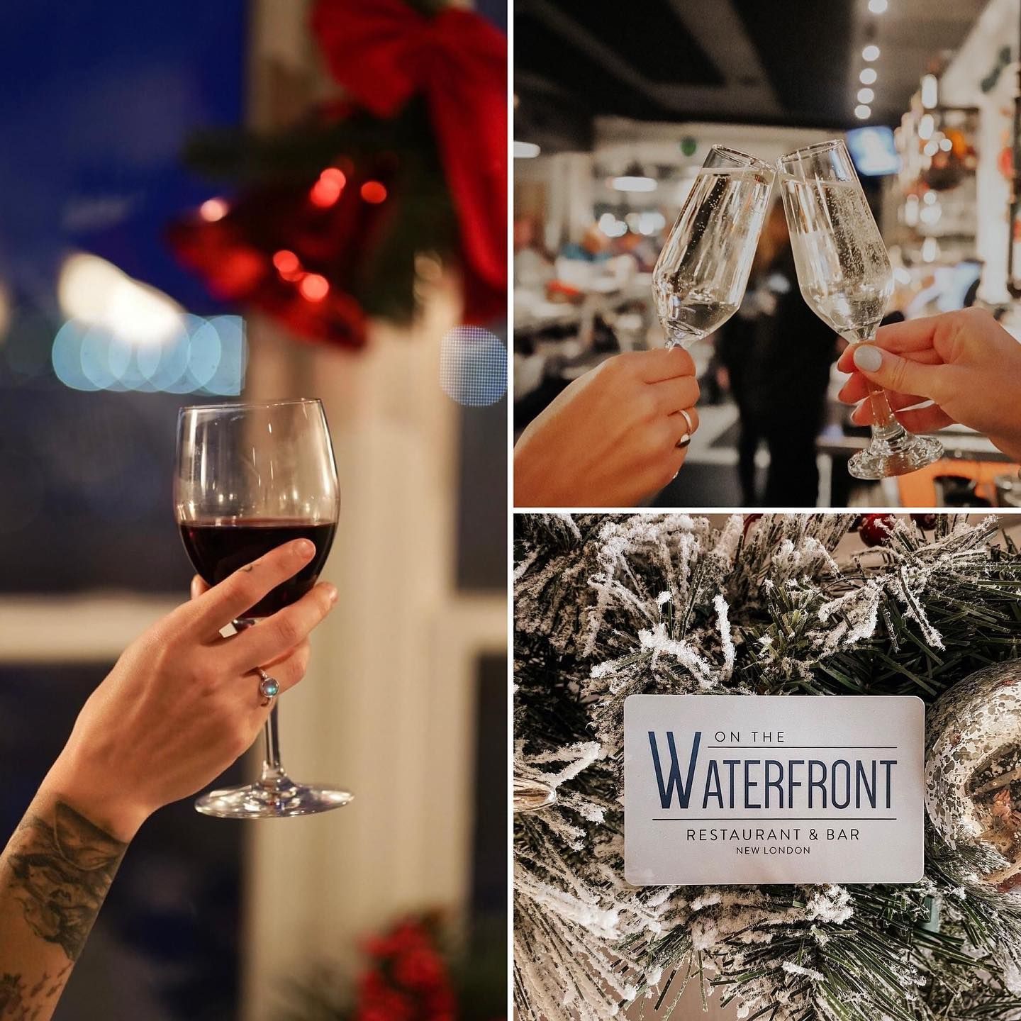Three holiday images: Person holding wine glass, hands toasting with champagne, card on snowy branches.