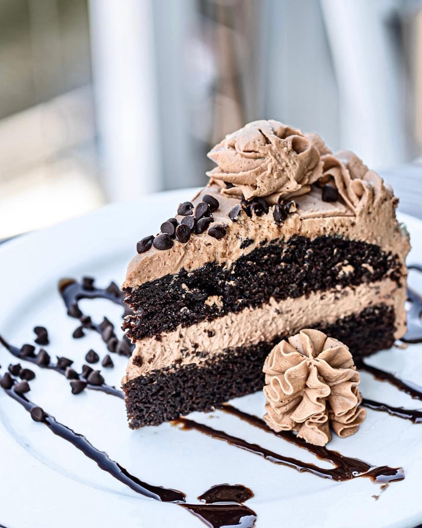 Slice of chocolate cake with chocolate frosting, chocolate chips, and chocolate drizzle on a white plate.