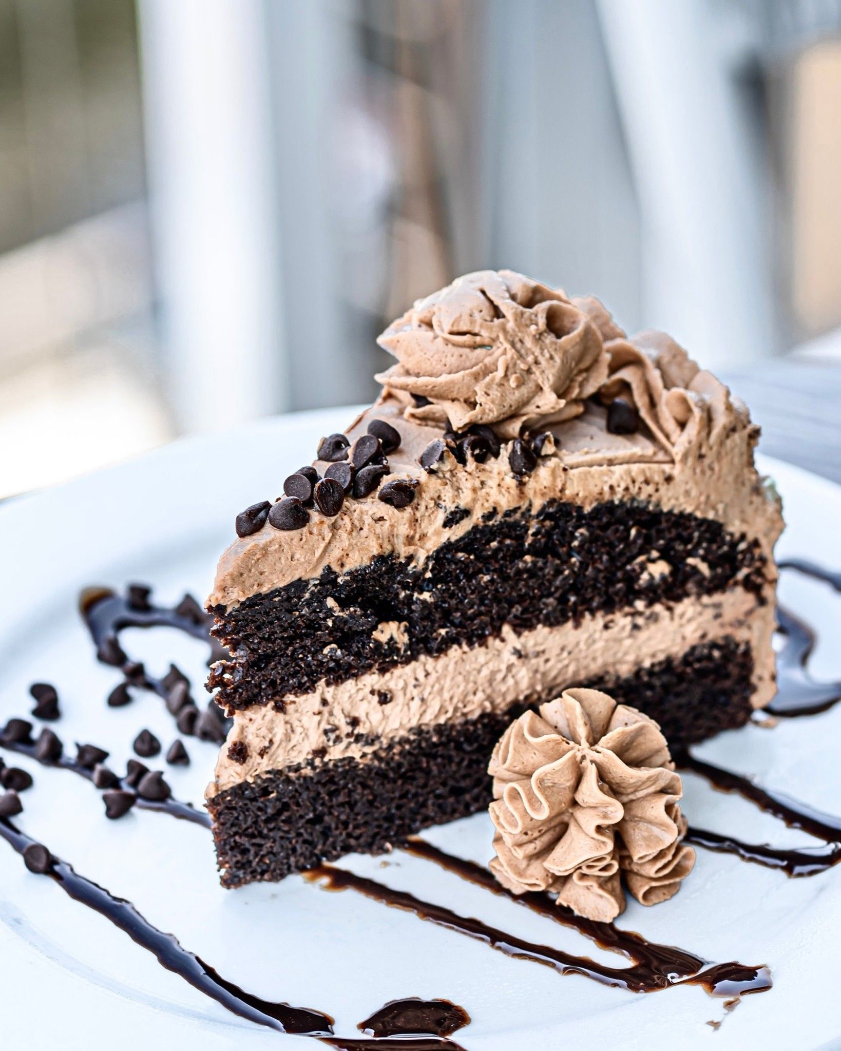 Slice of chocolate cake with chocolate frosting and chocolate chips on a white plate with chocolate sauce.