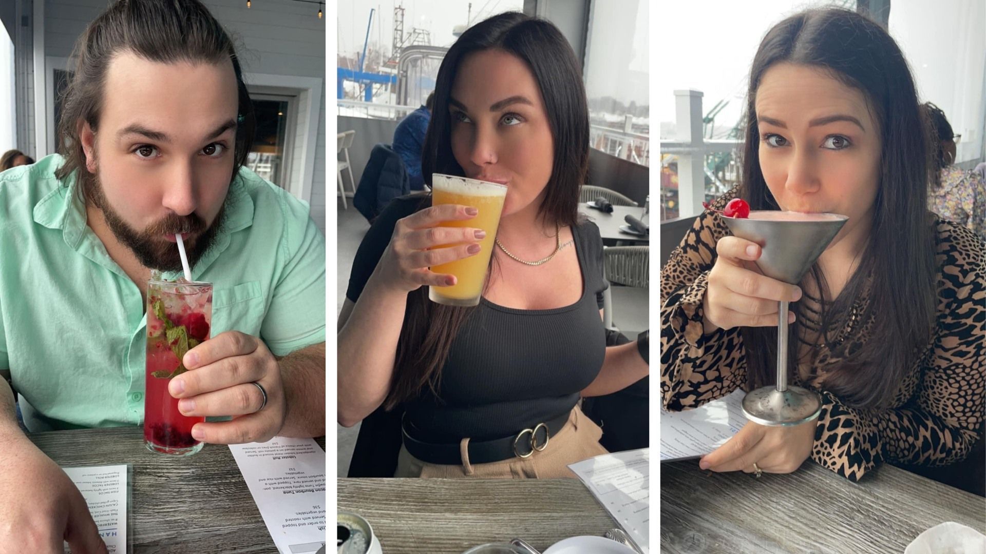 Three people drinking cocktails at a restaurant. Man sips a red drink. Woman sips a yellow drink. Woman sips a pink drink.