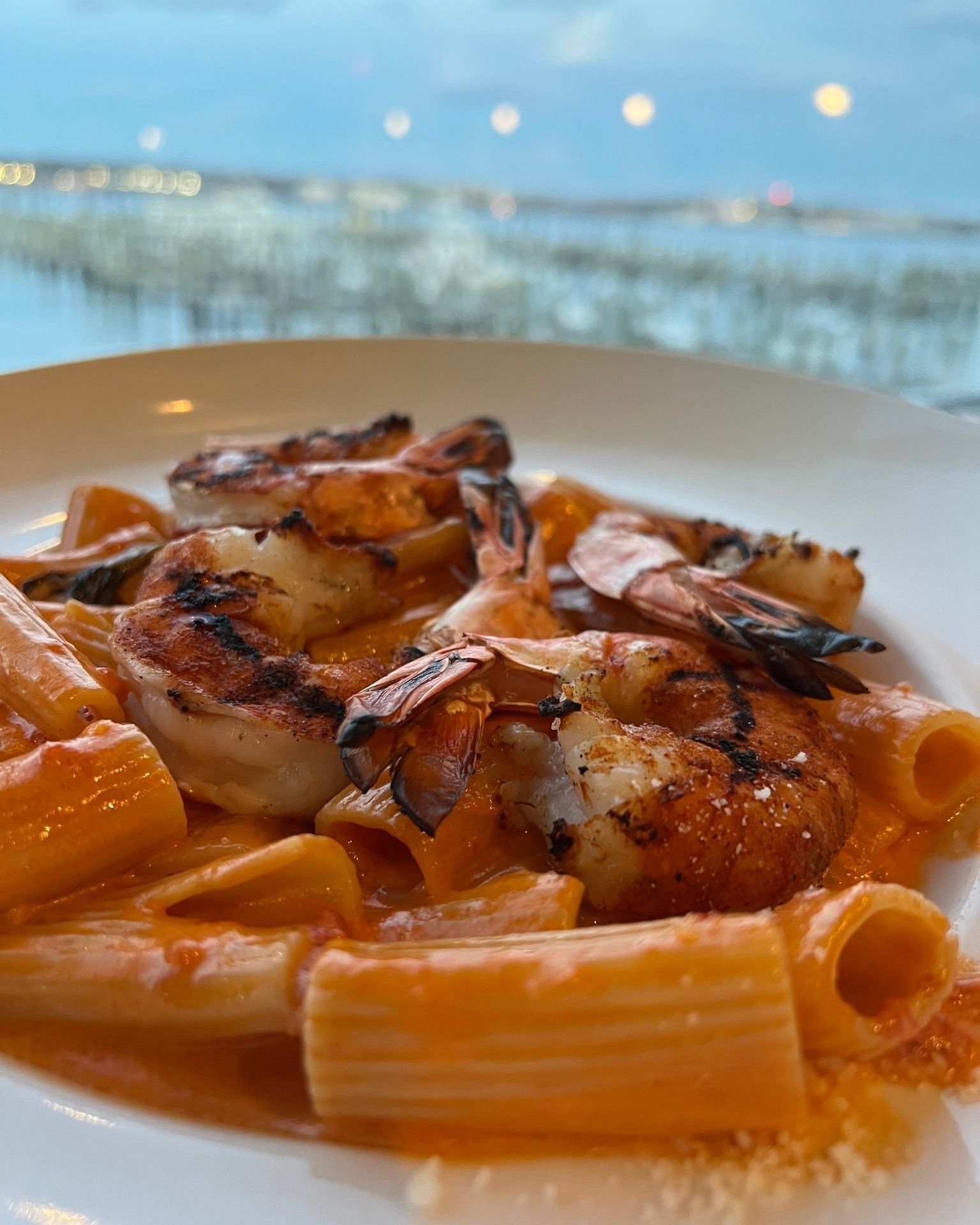 Grilled shrimp over rigatoni pasta in creamy tomato sauce.