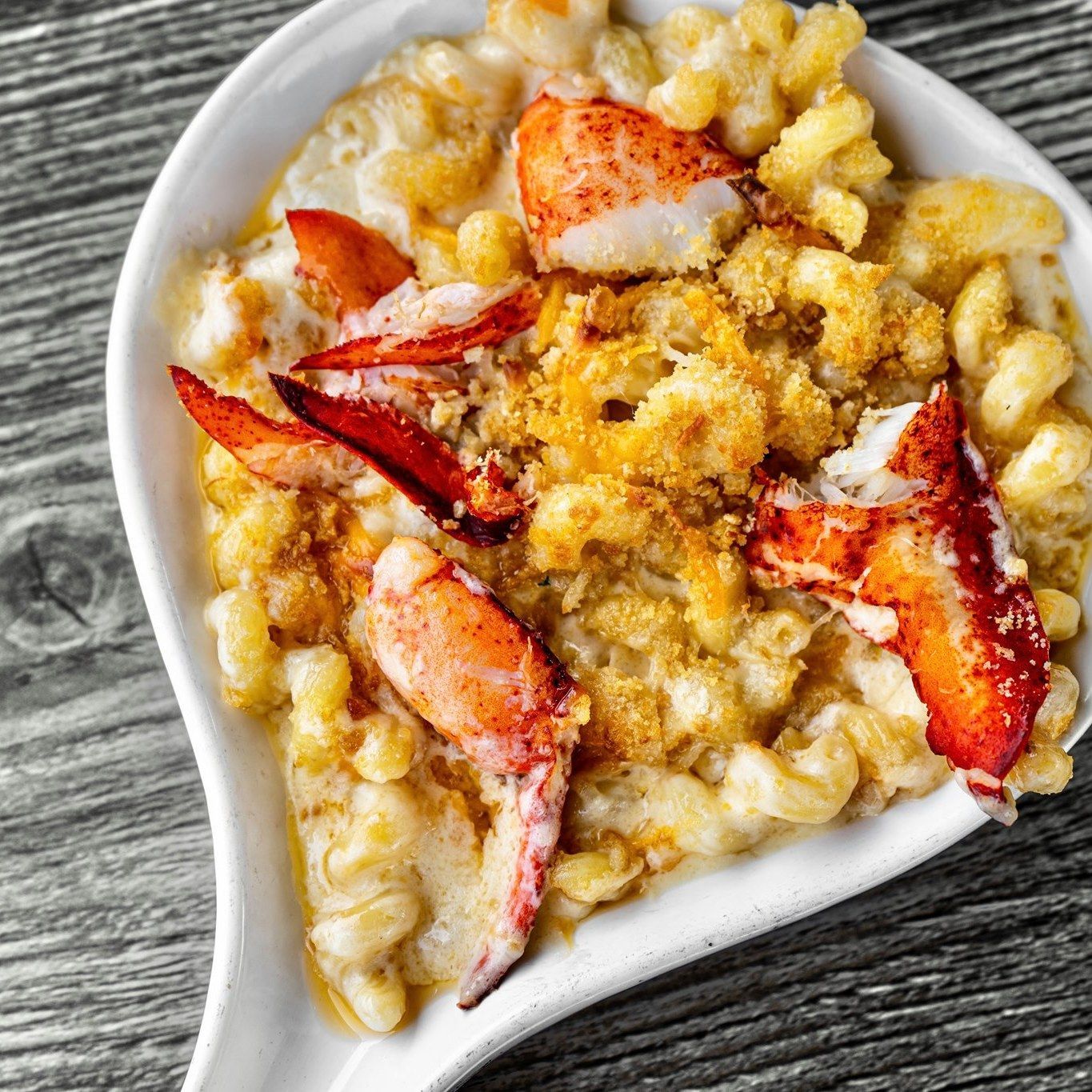 Lobster mac and cheese in a white dish. Creamy pasta with lobster meat and breadcrumb topping.