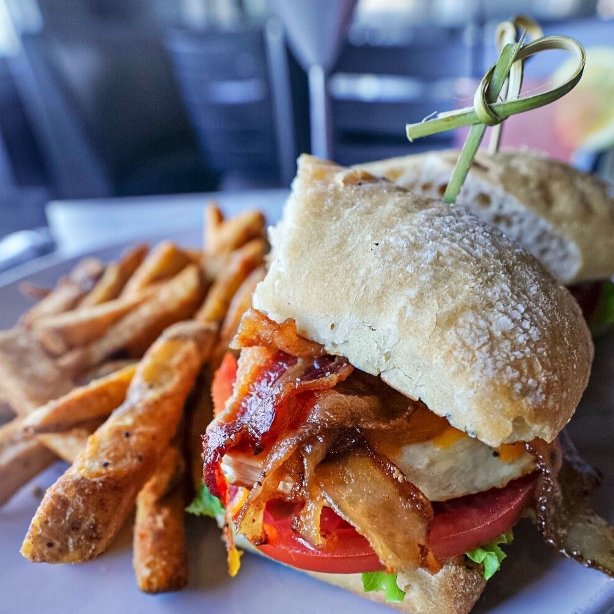 Sandwich on a plate with fries. Toasted roll, tomato, chicken, and caramelized onions. Wooden skewer.