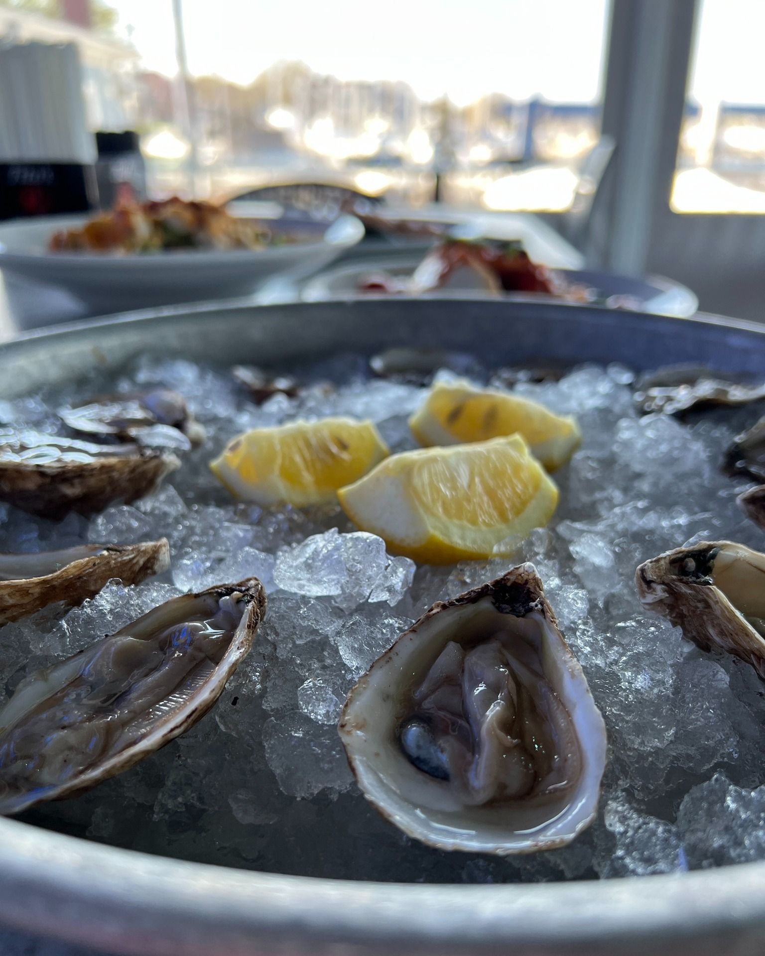 Oysters on ice with lemon wedges in a metal tray.