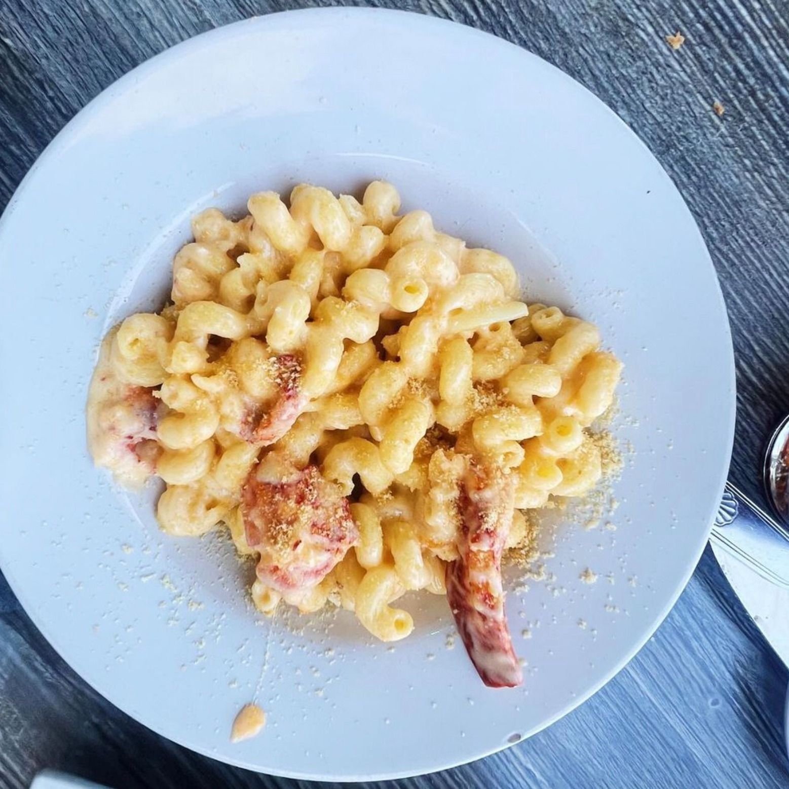 Mac and cheese with lobster on a white plate, wooden table background.