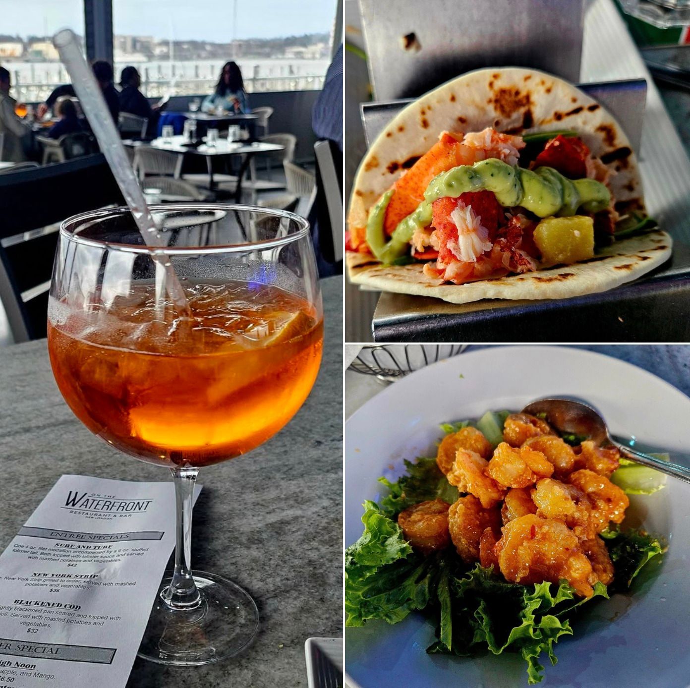 Cocktail, taco, and fried shrimp on a patio overlooking water.