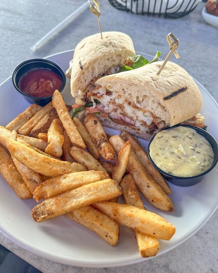 Sandwich cut in half with fries, ketchup, and sauce on a white plate.