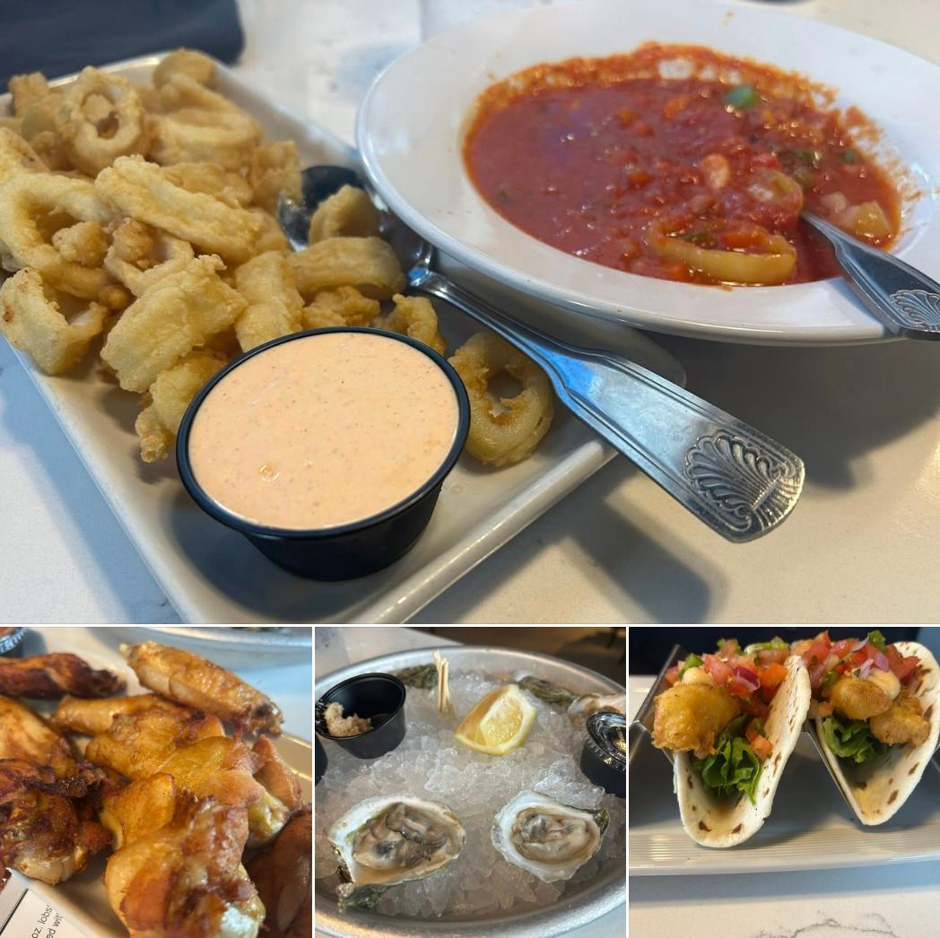 Fried calamari, red sauce with shrimp, chicken wings, oysters, fish tacos.