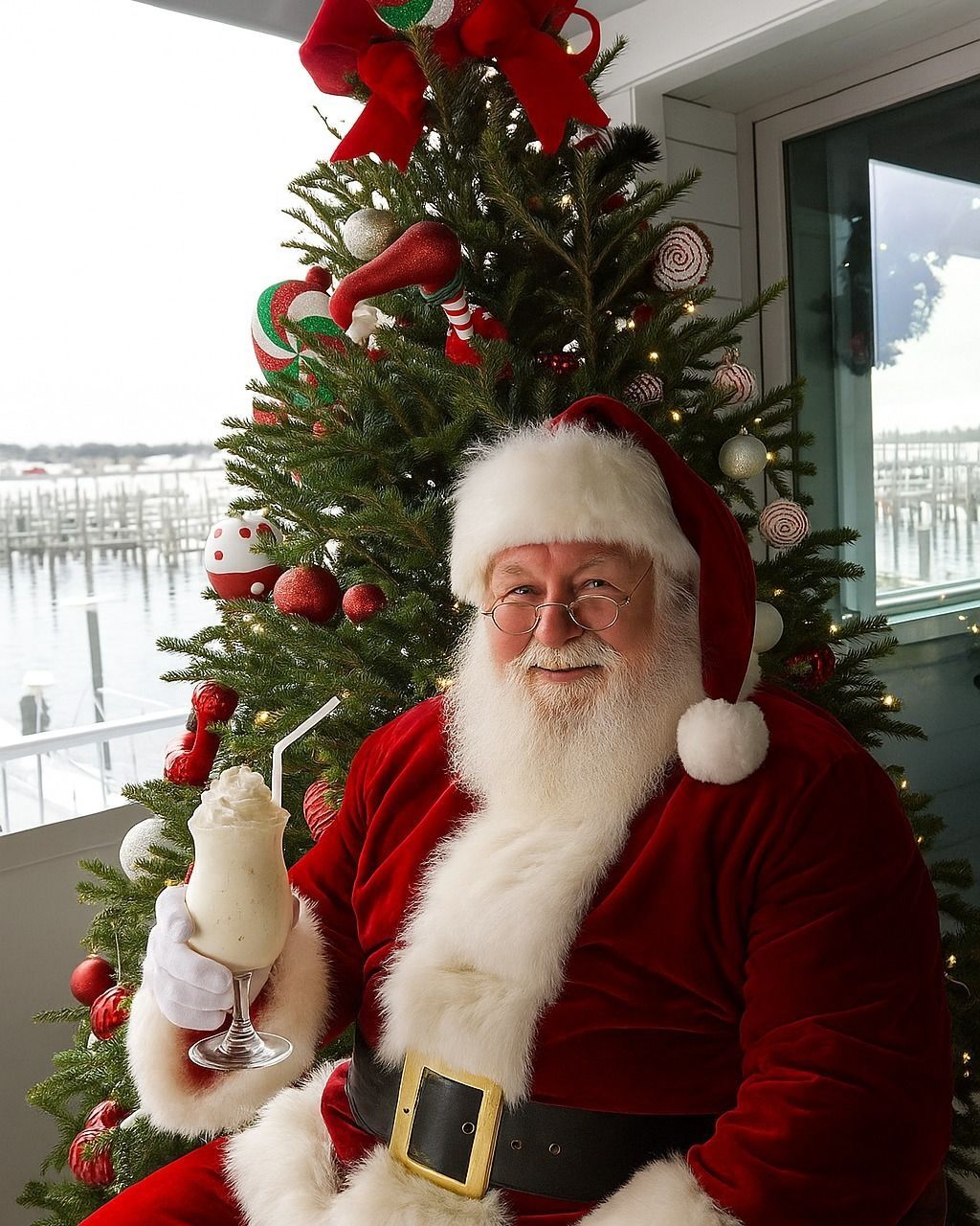 Santa Claus sitting in front of a Christmas tree, holding a champagne glass, smiling.