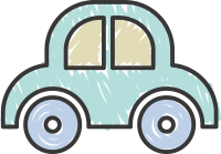 Blue cartoon car with two windows and wheels.