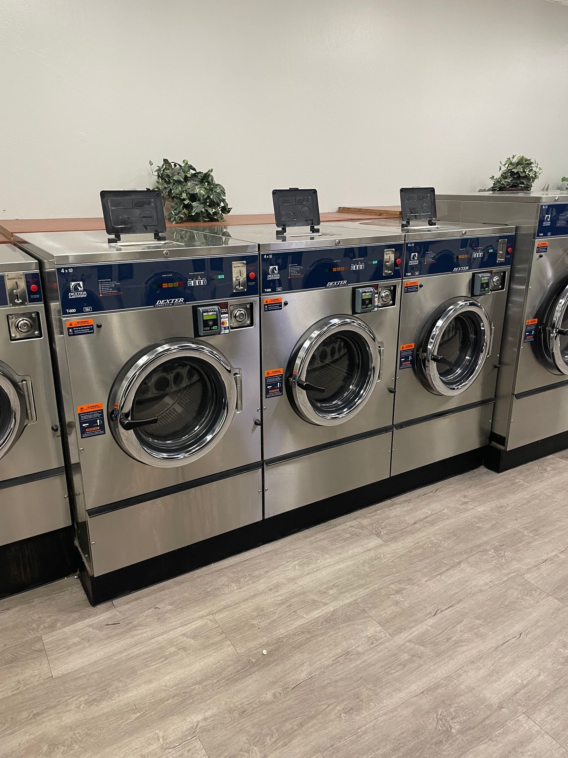 Row of commercial washing machines in a laundromat setting, with plants on top.