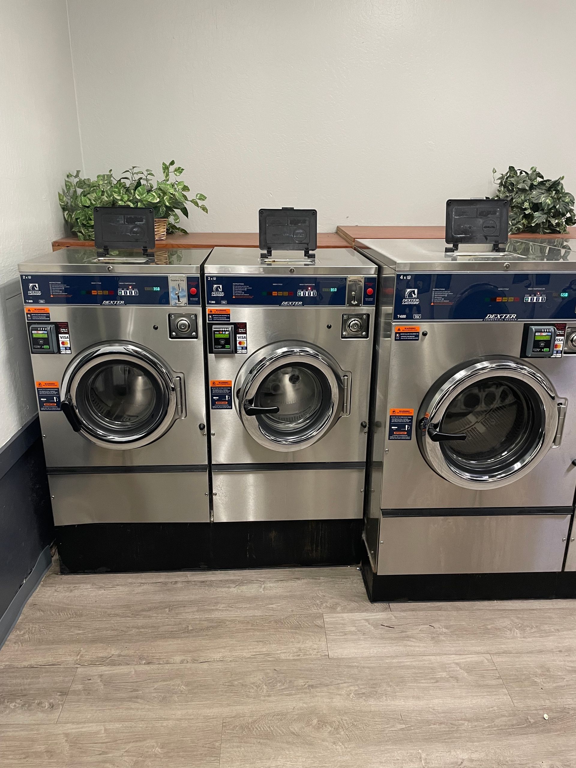 Three stainless steel washing machines in a laundromat, with plants on a shelf above.