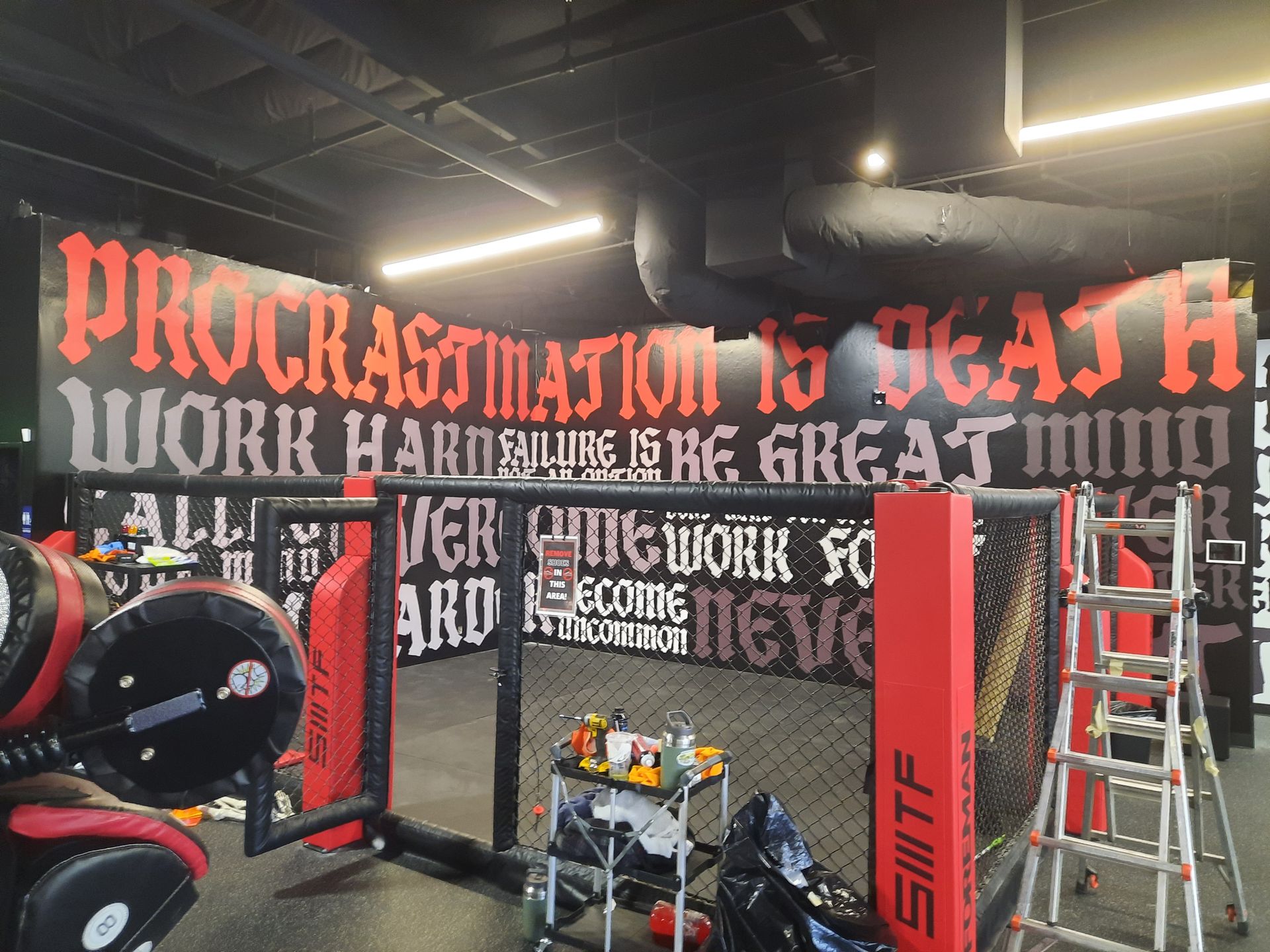 Gym wall mural with bold red and white text and workout equipment in the foreground