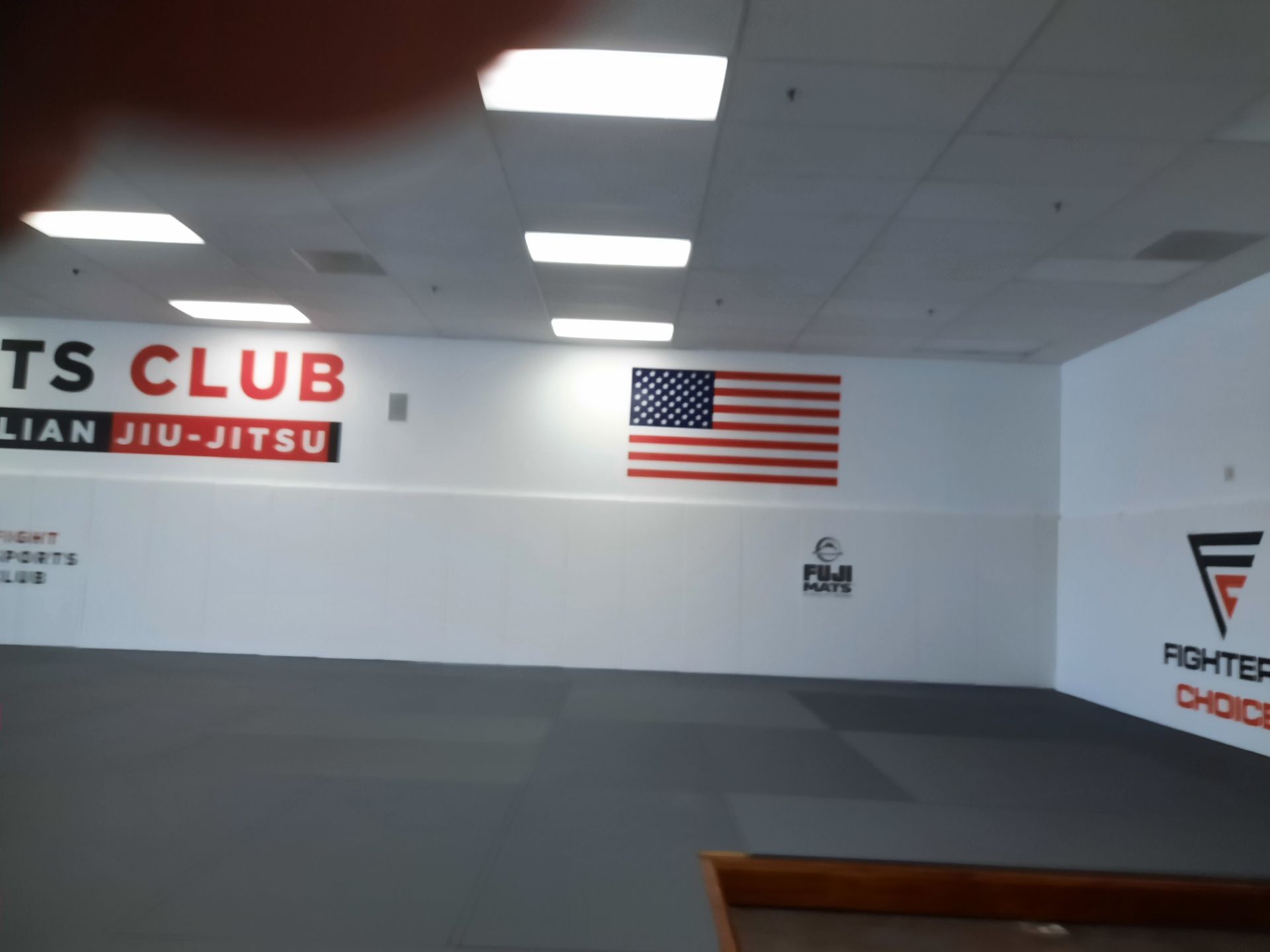 Empty martial arts studio with gray mats, white walls, American flag, and gym logos on the wall