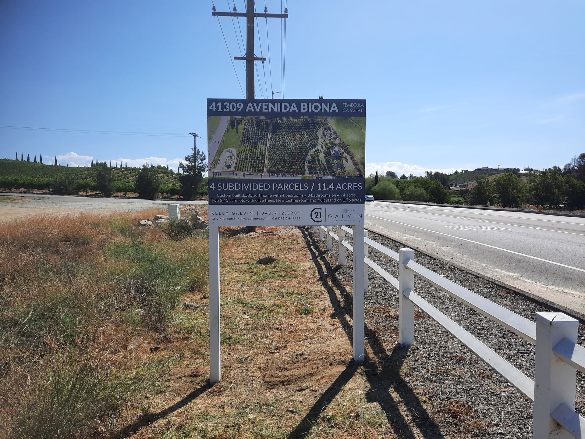 Roadside sign for Avenida Diona beside a grassy field and multi-lane highway under a clear blue sky