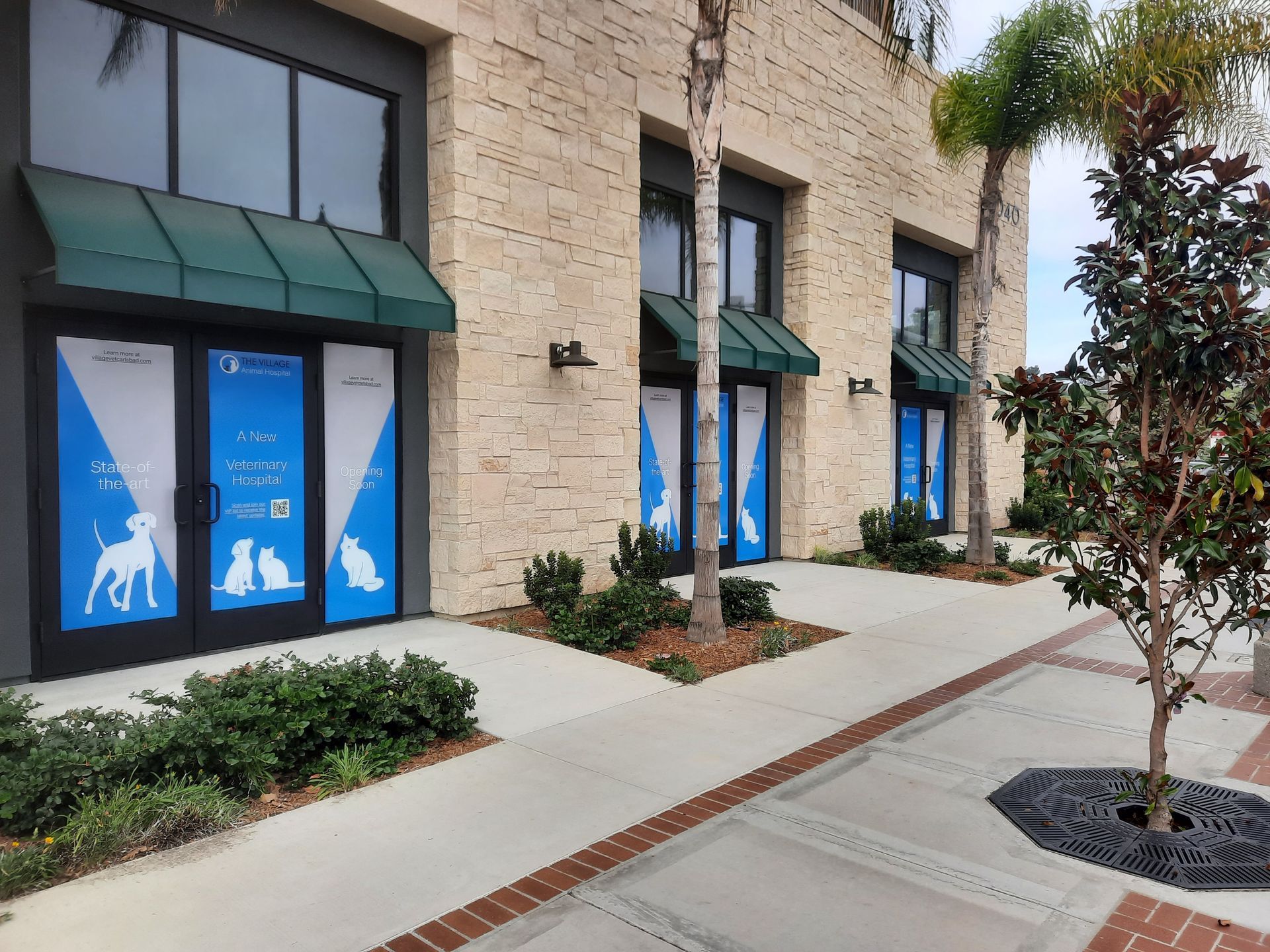 Modern storefront with blue window graphics, green awnings, and a sidewalk with trees in front.
