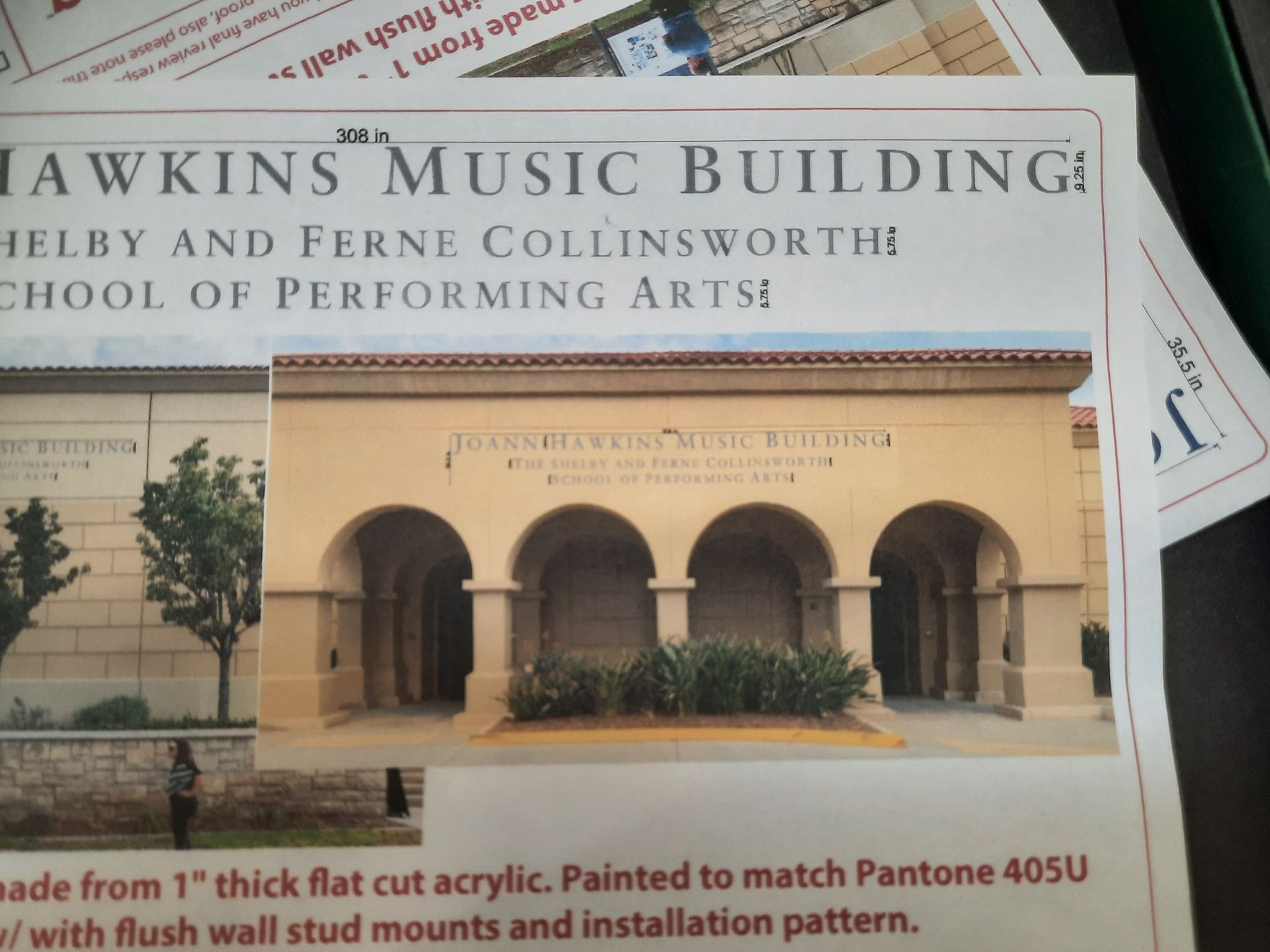 Brochure for Hawkins Music Building, Shelby and Ferne Collinsworth School of Performing Arts, with arched entrance photo