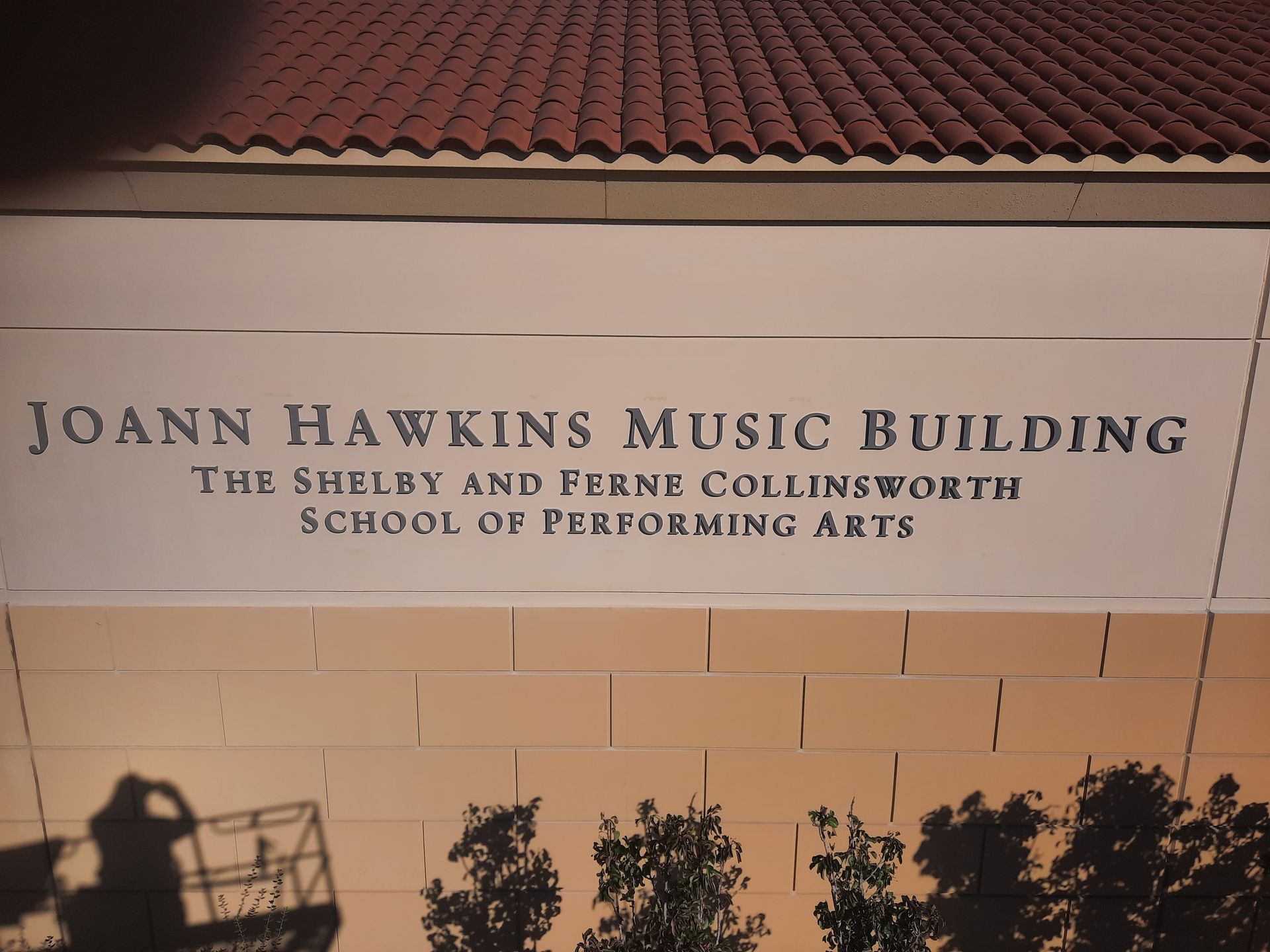 Joann Hawkins Music Building sign for The Shelby and Eline Corinworth School of Performing Arts