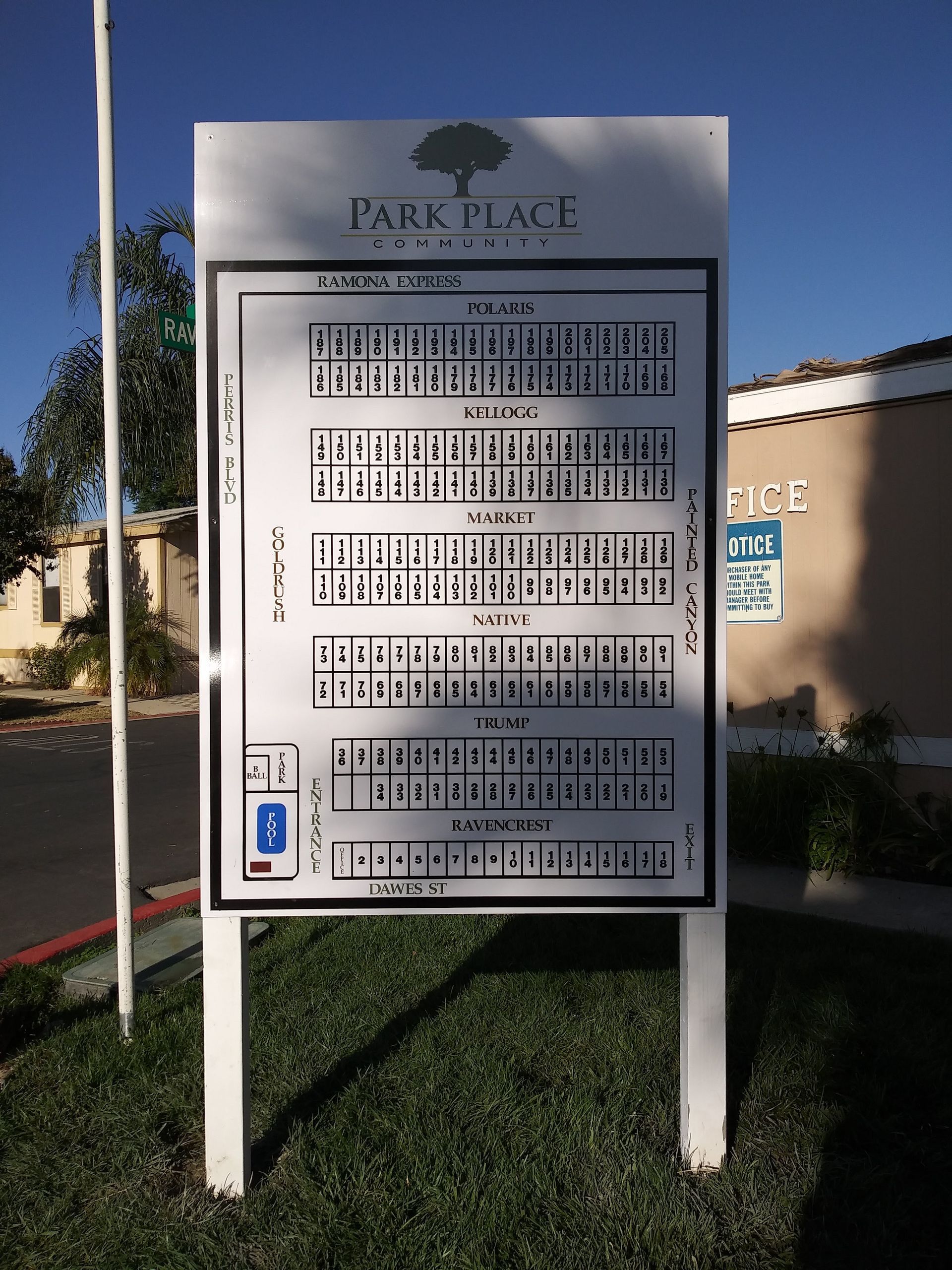 Outdoor apartment directory sign on white posts with black text, beside a building and grass.