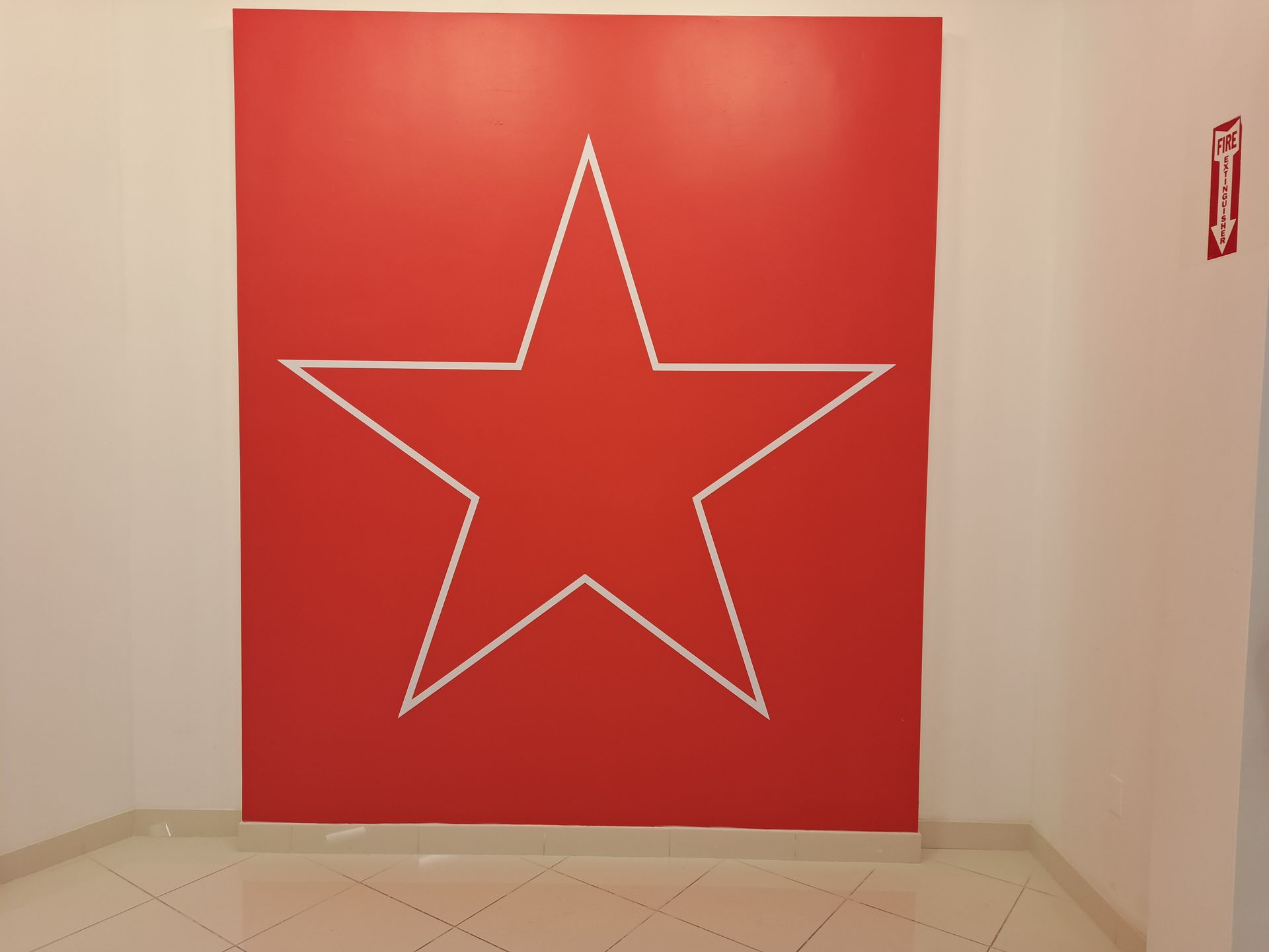 Large red wall with a white outlined star in a plain room