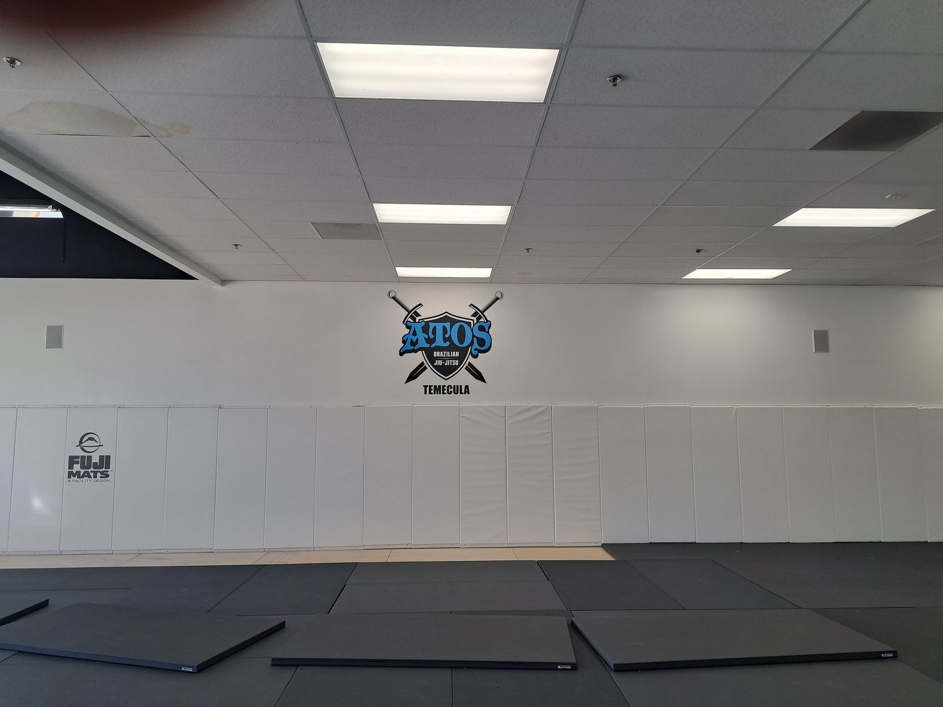 Empty martial arts studio with white walls, ceiling lights, and mats on the floor