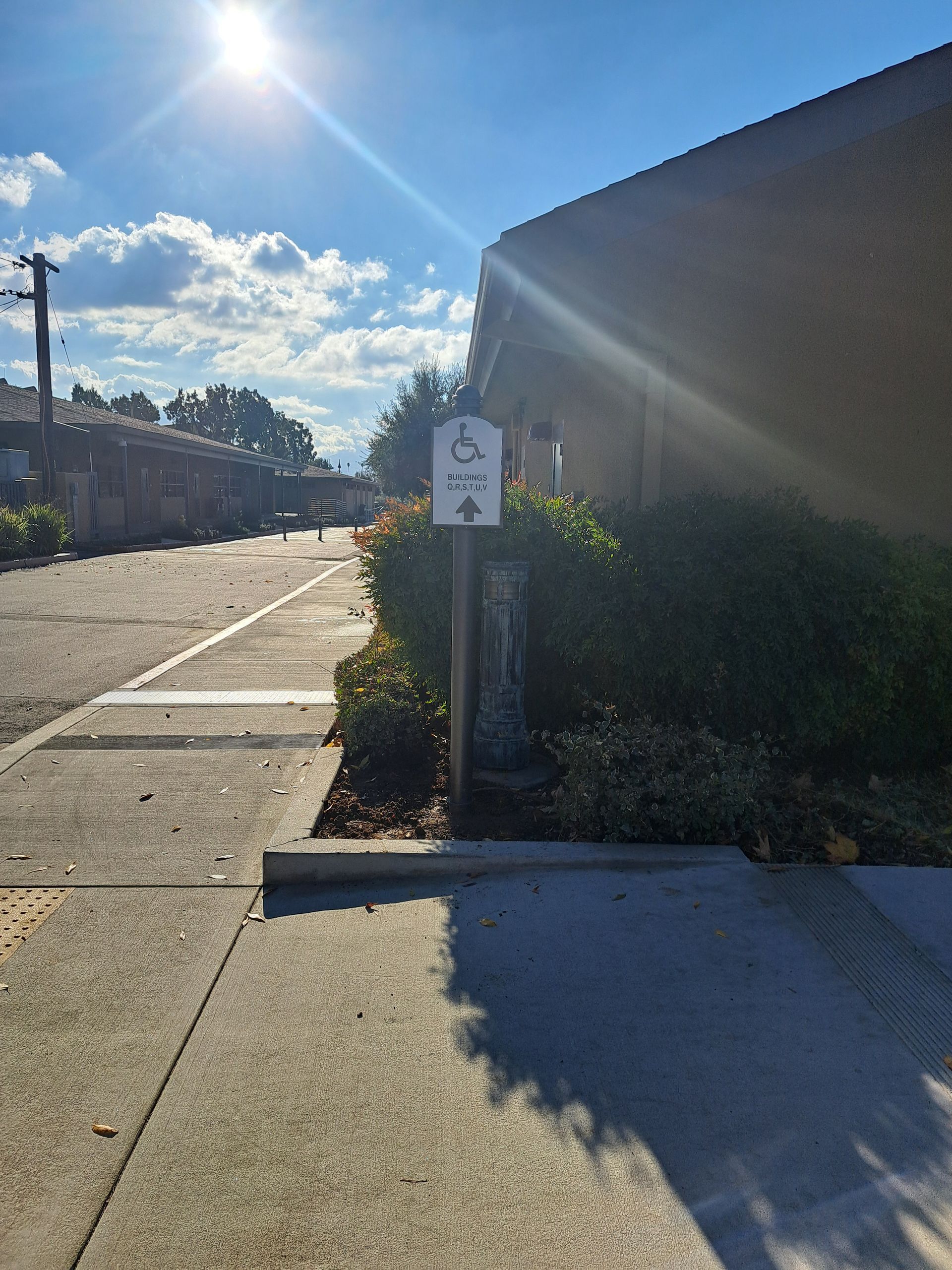 Sunny sidewalk beside buildings, with a handicap parking sign and shrubs casting long shadows.