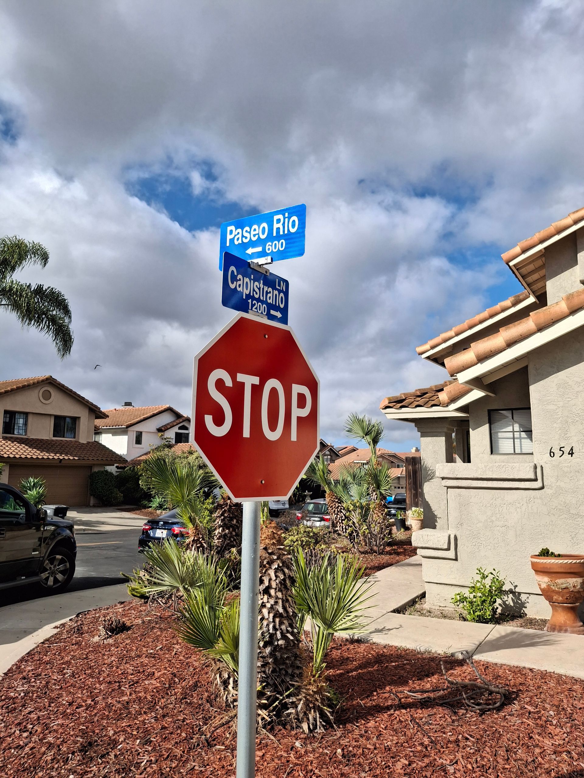 Residential street sign with blue road name plaques above a red stop sign under cloudy skies