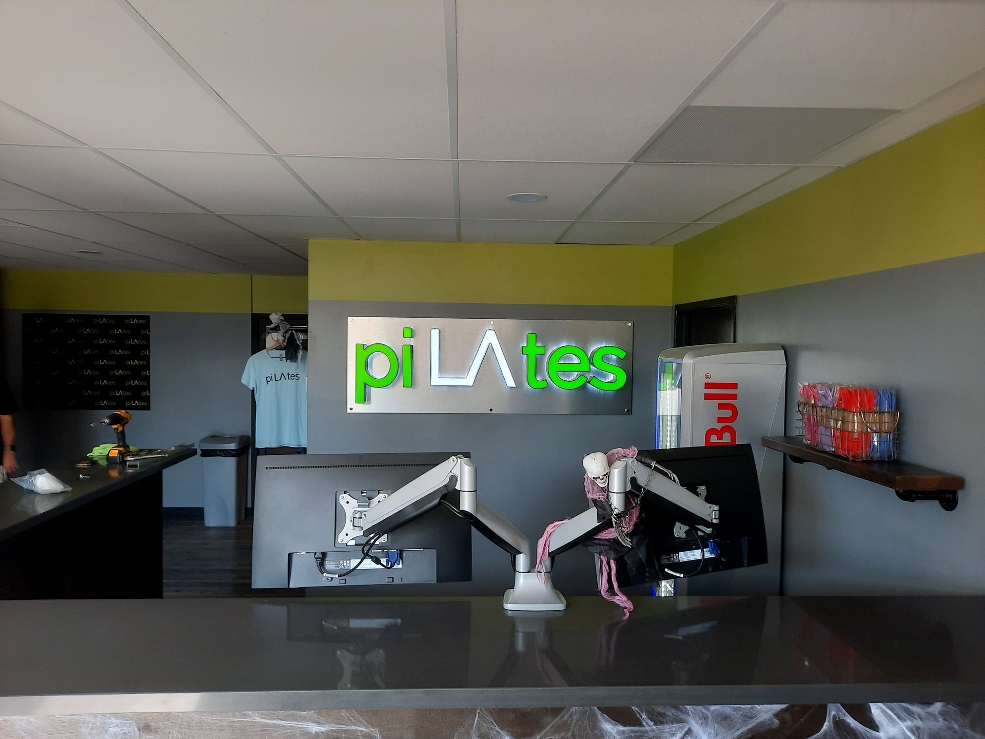 Modern office lobby with a neon 