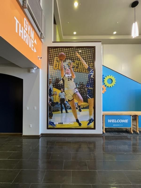 Indoor sports lobby with a large basketball poster, blue welcome wall, and bench seating