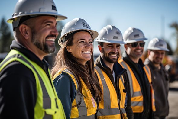 A group of construction workers are standing next to each other and smiling.