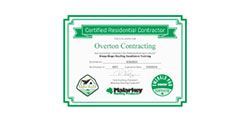 Certificate for Overton Contracting, a certified residential contractor, with green and white border and logos.