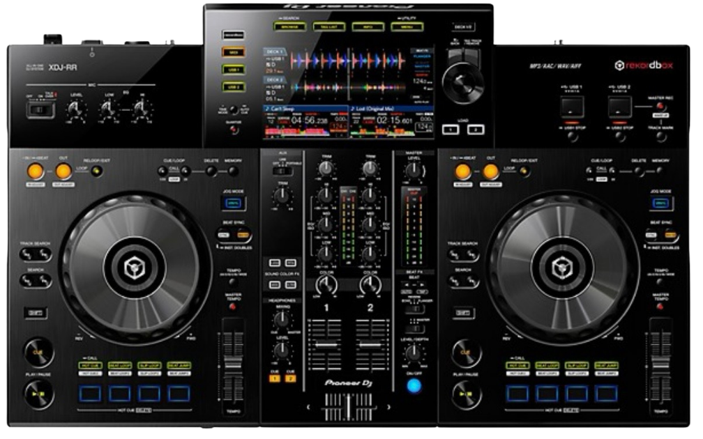 Black DJ controller with twin jog wheels, central mixer, and illuminated display screens
