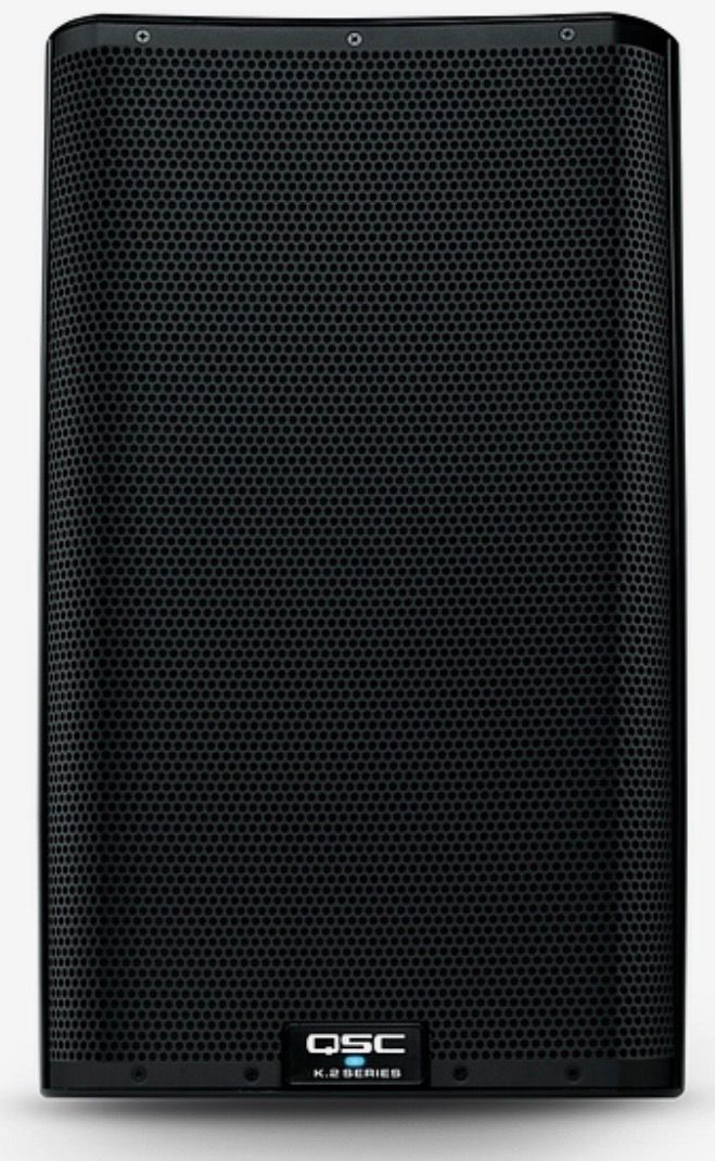 Black QSC speaker cabinet with a perforated front grille and small logo at the bottom.