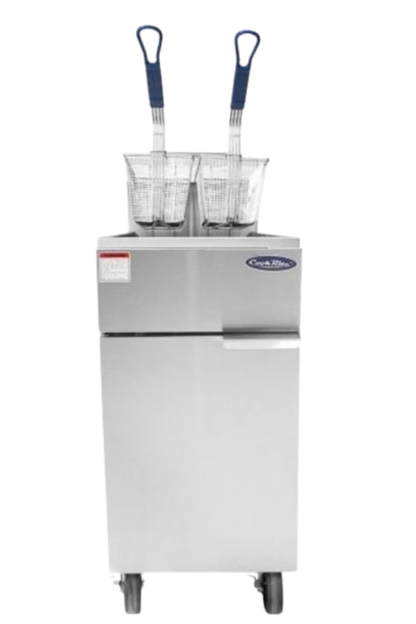 A stainless steel floor-model deep fryer with two fry baskets and caster wheels on a white background.