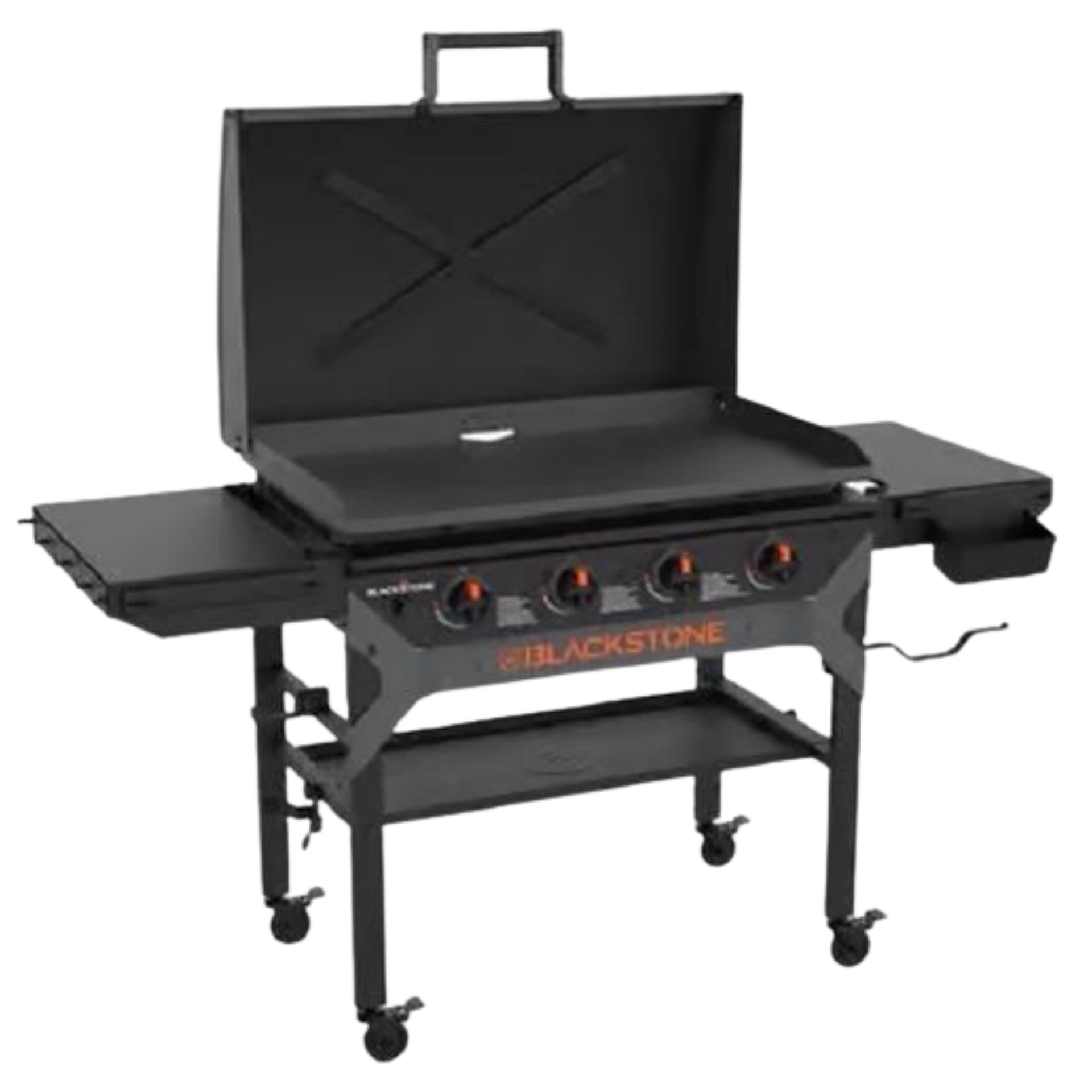 Blackstone flat-top grill with four burners, lid open, and side shelves. Black with orange accents, on a wheeled cart.